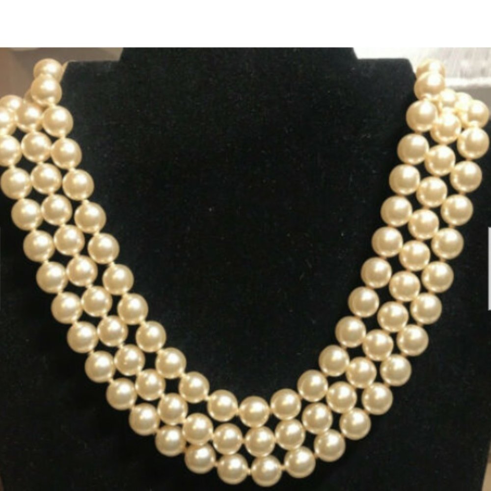 Vintage 1980's KJL Kenneth J Lane Triple Strand Pearls Big Logo Clasp